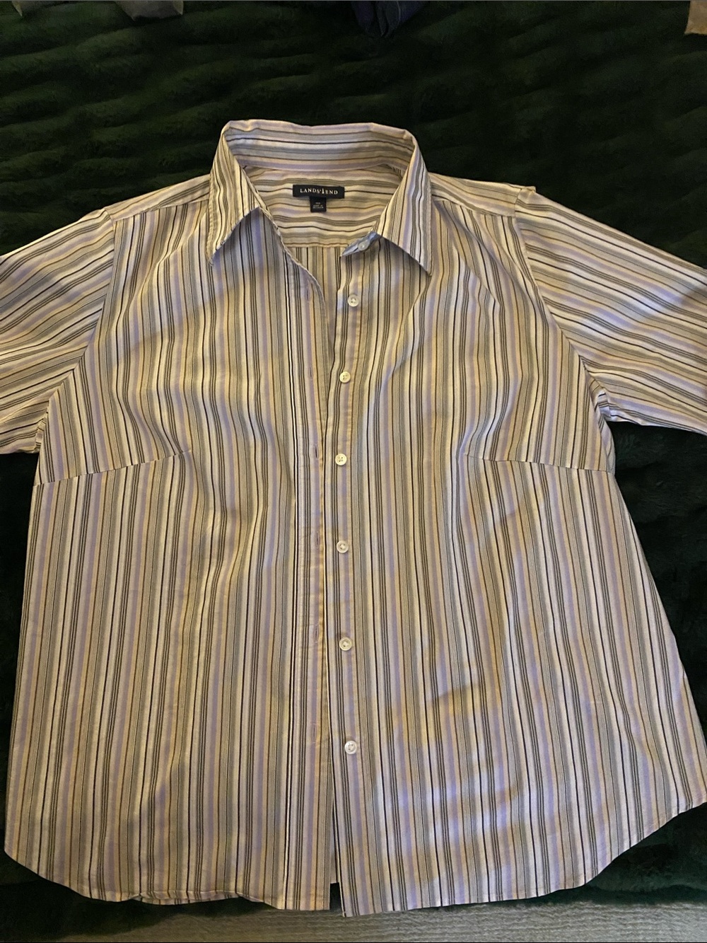 Lands' End Women's Short-Sleeve Striped Button-Down in White, Purple & Tan